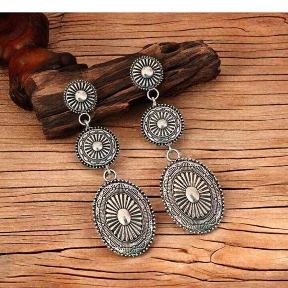 Vintage Bohemian Tripple Western Geometric Patchwork Alloy Earrings - Picture 3 of 8